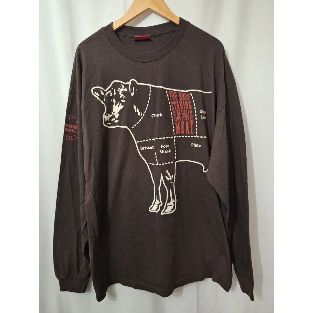 Farm Boy Long Sleeve Crewneck Shirt Mens XXL Gaphic Print Cow Beef Farm Western
